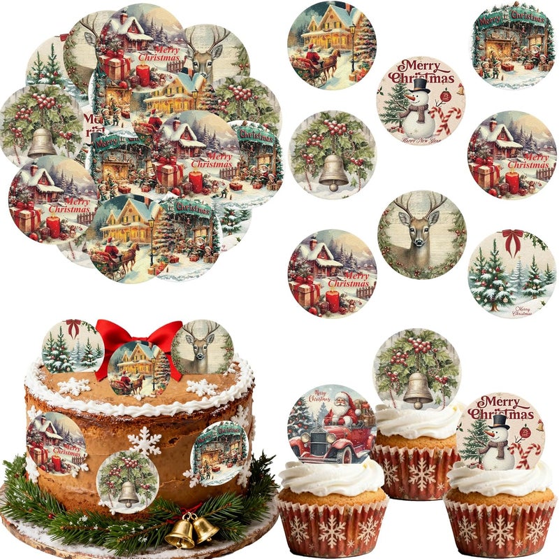 Fyeoxle 36PCS Vintage Christmas Cupcake Toppers Wafer Paper Deer Santa Claus Jingle Bells Cupcake Decor Snowman Dessert Picks for Christmas Theme Party Baby Shower Supplies - Image 1